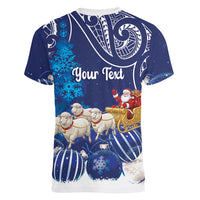 New Zealand Christmas In July Personalised Women V-Neck T-Shirt Funny Santa Sheep Meri Kirihimete Blue