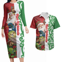 Meri Kirihimete New Zealand Personalised Couples Matching Long Sleeve Bodycon Dress and Hawaiian Shirt Cute Santa NZ Animals and Pohutukawa LT14 Red - Polynesian Pride
