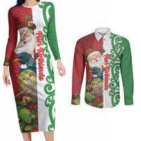 Meri Kirihimete New Zealand Personalised Couples Matching Long Sleeve Bodycon Dress and Long Sleeve Button Shirt Cute Santa NZ Animals and Pohutukawa LT14 Red - Polynesian Pride