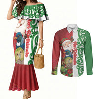 Meri Kirihimete New Zealand Personalised Couples Matching Mermaid Dress and Long Sleeve Button Shirt Cute Santa NZ Animals and Pohutukawa LT14 Red - Polynesian Pride