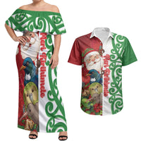 Meri Kirihimete New Zealand Personalised Couples Matching Off Shoulder Maxi Dress and Hawaiian Shirt Cute Santa NZ Animals and Pohutukawa LT14 Red - Polynesian Pride