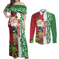 Meri Kirihimete New Zealand Personalised Couples Matching Off Shoulder Maxi Dress and Long Sleeve Button Shirt Cute Santa NZ Animals and Pohutukawa