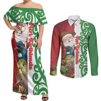 Meri Kirihimete New Zealand Personalised Couples Matching Off Shoulder Maxi Dress and Long Sleeve Button Shirt Cute Santa NZ Animals and Pohutukawa LT14 Red - Polynesian Pride
