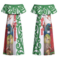 Meri Kirihimete New Zealand Personalised Couples Matching Off Shoulder Maxi Dress and Long Sleeve Button Shirt Cute Santa NZ Animals and Pohutukawa LT14 - Polynesian Pride