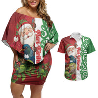 Meri Kirihimete New Zealand Personalised Couples Matching Off Shoulder Short Dress and Hawaiian Shirt Cute Santa NZ Animals and Pohutukawa LT14 Red - Polynesian Pride