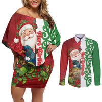 Meri Kirihimete New Zealand Personalised Couples Matching Off Shoulder Short Dress and Long Sleeve Button Shirt Cute Santa NZ Animals and Pohutukawa