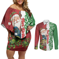 Meri Kirihimete New Zealand Personalised Couples Matching Off Shoulder Short Dress and Long Sleeve Button Shirt Cute Santa NZ Animals and Pohutukawa LT14 Red - Polynesian Pride