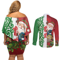 Meri Kirihimete New Zealand Personalised Couples Matching Off Shoulder Short Dress and Long Sleeve Button Shirt Cute Santa NZ Animals and Pohutukawa