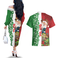 Meri Kirihimete New Zealand Personalised Couples Matching Off The Shoulder Long Sleeve Dress and Hawaiian Shirt Cute Santa NZ Animals and Pohutukawa