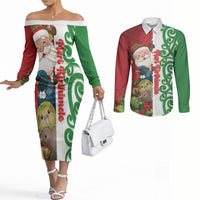 Meri Kirihimete New Zealand Personalised Couples Matching Off The Shoulder Long Sleeve Dress and Long Sleeve Button Shirt Cute Santa NZ Animals and Pohutukawa LT14 Red - Polynesian Pride