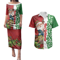 Meri Kirihimete New Zealand Personalised Couples Matching Puletasi and Hawaiian Shirt Cute Santa NZ Animals and Pohutukawa LT14 Red - Polynesian Pride