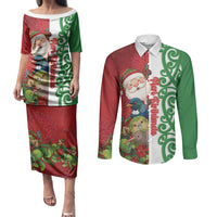 Meri Kirihimete New Zealand Personalised Couples Matching Puletasi and Long Sleeve Button Shirt Cute Santa NZ Animals and Pohutukawa LT14 Red - Polynesian Pride