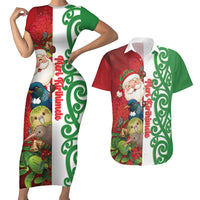Meri Kirihimete New Zealand Personalised Couples Matching Short Sleeve Bodycon Dress and Hawaiian Shirt Cute Santa NZ Animals and Pohutukawa