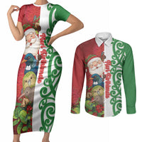 Meri Kirihimete New Zealand Personalised Couples Matching Short Sleeve Bodycon Dress and Long Sleeve Button Shirt Cute Santa NZ Animals and Pohutukawa LT14 Red - Polynesian Pride