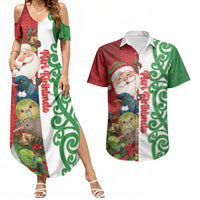 Meri Kirihimete New Zealand Personalised Couples Matching Summer Maxi Dress and Hawaiian Shirt Cute Santa NZ Animals and Pohutukawa LT14 Red - Polynesian Pride