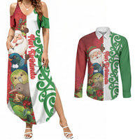 Meri Kirihimete New Zealand Personalised Couples Matching Summer Maxi Dress and Long Sleeve Button Shirt Cute Santa NZ Animals and Pohutukawa LT14 Red - Polynesian Pride