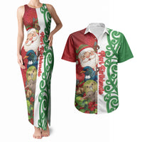 Meri Kirihimete New Zealand Personalised Couples Matching Tank Maxi Dress and Hawaiian Shirt Cute Santa NZ Animals and Pohutukawa LT14 Red - Polynesian Pride