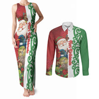 Meri Kirihimete New Zealand Personalised Couples Matching Tank Maxi Dress and Long Sleeve Button Shirt Cute Santa NZ Animals and Pohutukawa LT14 Red - Polynesian Pride