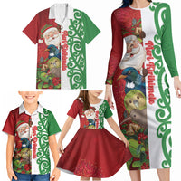 Meri Kirihimete New Zealand Personalised Family Matching Long Sleeve Bodycon Dress and Hawaiian Shirt Cute Santa NZ Animals and Pohutukawa LT14 - Polynesian Pride