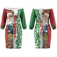 Meri Kirihimete New Zealand Personalised Family Matching Off The Shoulder Long Sleeve Dress and Hawaiian Shirt Cute Santa NZ Animals and Pohutukawa LT14 Mom's Dress Red - Polynesian Pride