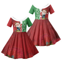 Meri Kirihimete New Zealand Personalised Family Matching Off The Shoulder Long Sleeve Dress and Hawaiian Shirt Cute Santa NZ Animals and Pohutukawa LT14 Daughter's Dress Red - Polynesian Pride