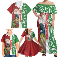 Meri Kirihimete New Zealand Personalised Family Matching Off Shoulder Maxi Dress and Hawaiian Shirt Cute Santa NZ Animals and Pohutukawa LT14 - Polynesian Pride