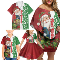 Meri Kirihimete New Zealand Personalised Family Matching Off Shoulder Short Dress and Hawaiian Shirt Cute Santa NZ Animals and Pohutukawa LT14 - Polynesian Pride