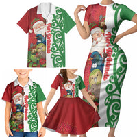 Meri Kirihimete New Zealand Personalised Family Matching Short Sleeve Bodycon Dress and Hawaiian Shirt Cute Santa NZ Animals and Pohutukawa LT14 - Polynesian Pride