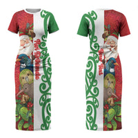Meri Kirihimete New Zealand Personalised Family Matching Short Sleeve Bodycon Dress and Hawaiian Shirt Cute Santa NZ Animals and Pohutukawa LT14 Mom's Dress Red - Polynesian Pride