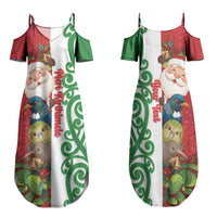 Meri Kirihimete New Zealand Personalised Family Matching Summer Maxi Dress and Hawaiian Shirt Cute Santa NZ Animals and Pohutukawa LT14 Mom's Dress Red - Polynesian Pride