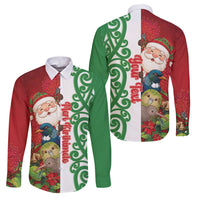 Meri Kirihimete New Zealand Personalised Family Matching Summer Maxi Dress and Hawaiian Shirt Cute Santa NZ Animals and Pohutukawa LT14 Dad's Shirt - Long Sleeve Red - Polynesian Pride