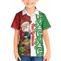 Meri Kirihimete New Zealand Personalised Kid Hawaiian Shirt Cute Santa NZ Animals and Pohutukawa LT14 Kid Red - Polynesian Pride
