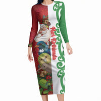 Meri Kirihimete New Zealand Personalised Long Sleeve Bodycon Dress Cute Santa NZ Animals and Pohutukawa LT14 Long Dress Red - Polynesian Pride