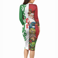 Meri Kirihimete New Zealand Personalised Long Sleeve Bodycon Dress Cute Santa NZ Animals and Pohutukawa LT14 - Polynesian Pride