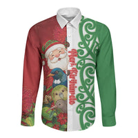 Meri Kirihimete New Zealand Personalised Long Sleeve Button Shirt Cute Santa NZ Animals and Pohutukawa LT14 Unisex Red - Polynesian Pride