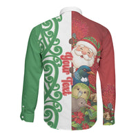 Meri Kirihimete New Zealand Personalised Long Sleeve Button Shirt Cute Santa NZ Animals and Pohutukawa LT14 - Polynesian Pride