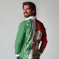 Meri Kirihimete New Zealand Personalised Long Sleeve Polo Shirt Cute Santa NZ Animals and Pohutukawa