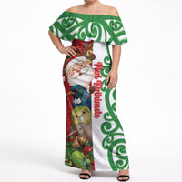 Meri Kirihimete New Zealand Personalised Off Shoulder Maxi Dress Cute Santa NZ Animals and Pohutukawa LT14 Women Red - Polynesian Pride
