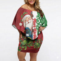 Meri Kirihimete New Zealand Personalised Off Shoulder Short Dress Cute Santa NZ Animals and Pohutukawa LT14 Women Red - Polynesian Pride