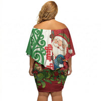 Meri Kirihimete New Zealand Personalised Off Shoulder Short Dress Cute Santa NZ Animals and Pohutukawa LT14 - Polynesian Pride