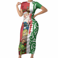 Meri Kirihimete New Zealand Personalised Short Sleeve Bodycon Dress Cute Santa NZ Animals and Pohutukawa LT14 Long Dress Red - Polynesian Pride