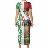 Meri Kirihimete New Zealand Personalised Short Sleeve Bodycon Dress Cute Santa NZ Animals and Pohutukawa LT14 - Polynesian Pride