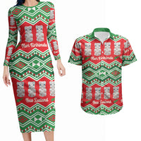 New Zealand Christmas In July Couples Matching Long Sleeve Bodycon Dress and Hawaiian Shirt Meri Kirihimete Hei Tiki Taniko Motifs Seamless LT14 Red - Polynesian Pride