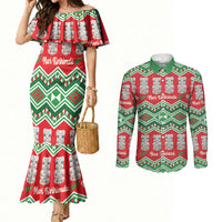 New Zealand Christmas In July Couples Matching Mermaid Dress and Long Sleeve Button Shirt Meri Kirihimete Hei Tiki Taniko Motifs Seamless LT14 Red - Polynesian Pride