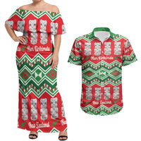 New Zealand Christmas In July Couples Matching Off Shoulder Maxi Dress and Hawaiian Shirt Meri Kirihimete Hei Tiki Taniko Motifs Seamless LT14 Red - Polynesian Pride
