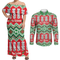 New Zealand Christmas In July Couples Matching Off Shoulder Maxi Dress and Long Sleeve Button Shirt Meri Kirihimete Hei Tiki Taniko Motifs Seamless LT14 Red - Polynesian Pride