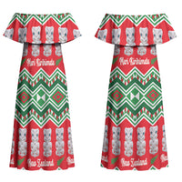 New Zealand Christmas In July Couples Matching Off Shoulder Maxi Dress and Long Sleeve Button Shirt Meri Kirihimete Hei Tiki Taniko Motifs Seamless LT14 - Polynesian Pride
