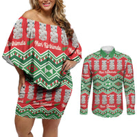 New Zealand Christmas In July Couples Matching Off Shoulder Short Dress and Long Sleeve Button Shirt Meri Kirihimete Hei Tiki Taniko Motifs Seamless LT14 Red - Polynesian Pride