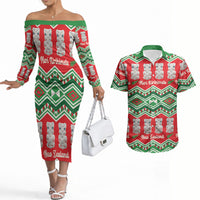New Zealand Christmas In July Couples Matching Off The Shoulder Long Sleeve Dress and Hawaiian Shirt Meri Kirihimete Hei Tiki Taniko Motifs Seamless LT14 Red - Polynesian Pride