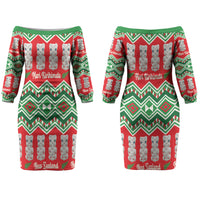 New Zealand Christmas In July Couples Matching Off The Shoulder Long Sleeve Dress and Long Sleeve Button Shirt Meri Kirihimete Hei Tiki Taniko Motifs Seamless LT14 - Polynesian Pride